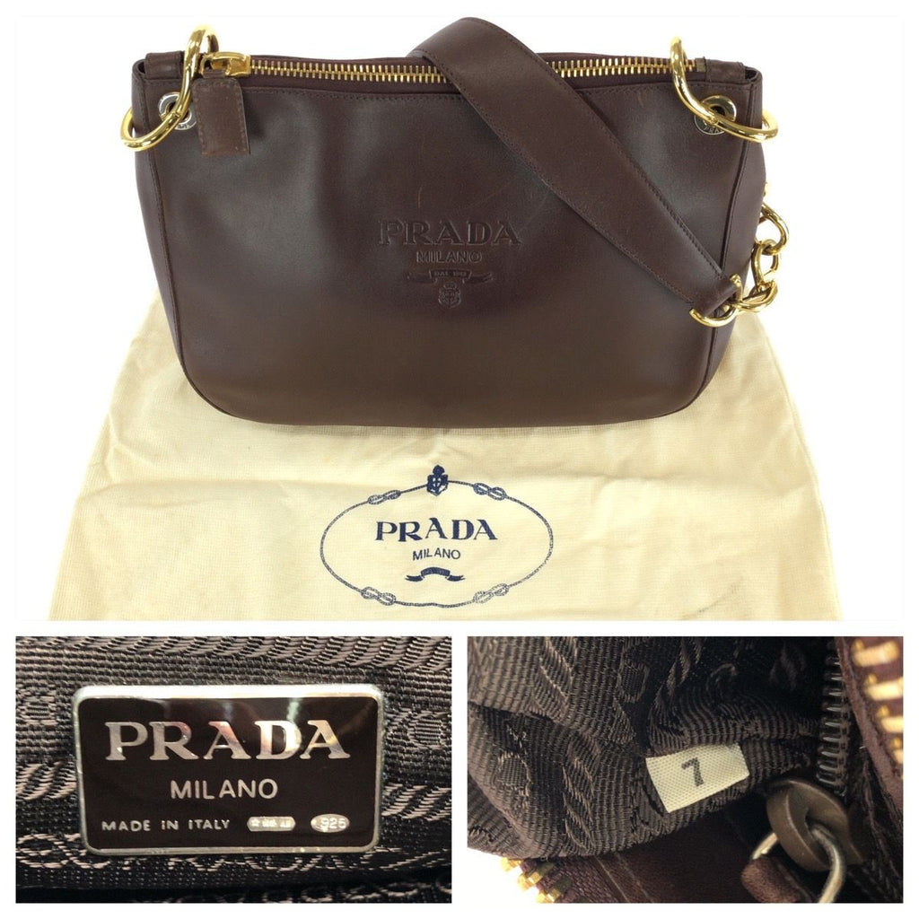 Prada Vintage Embossed Logo Brown Gold Leather Shoulder Bag — view 4