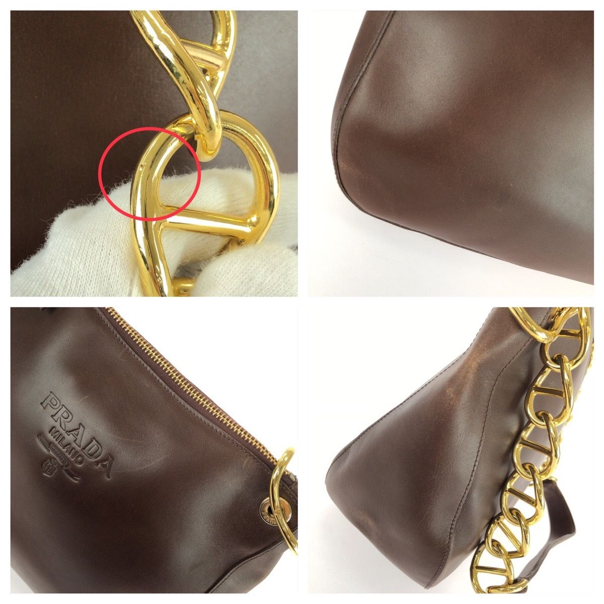 Prada Vintage Embossed Logo Brown Gold Leather Shoulder Bag — view 5