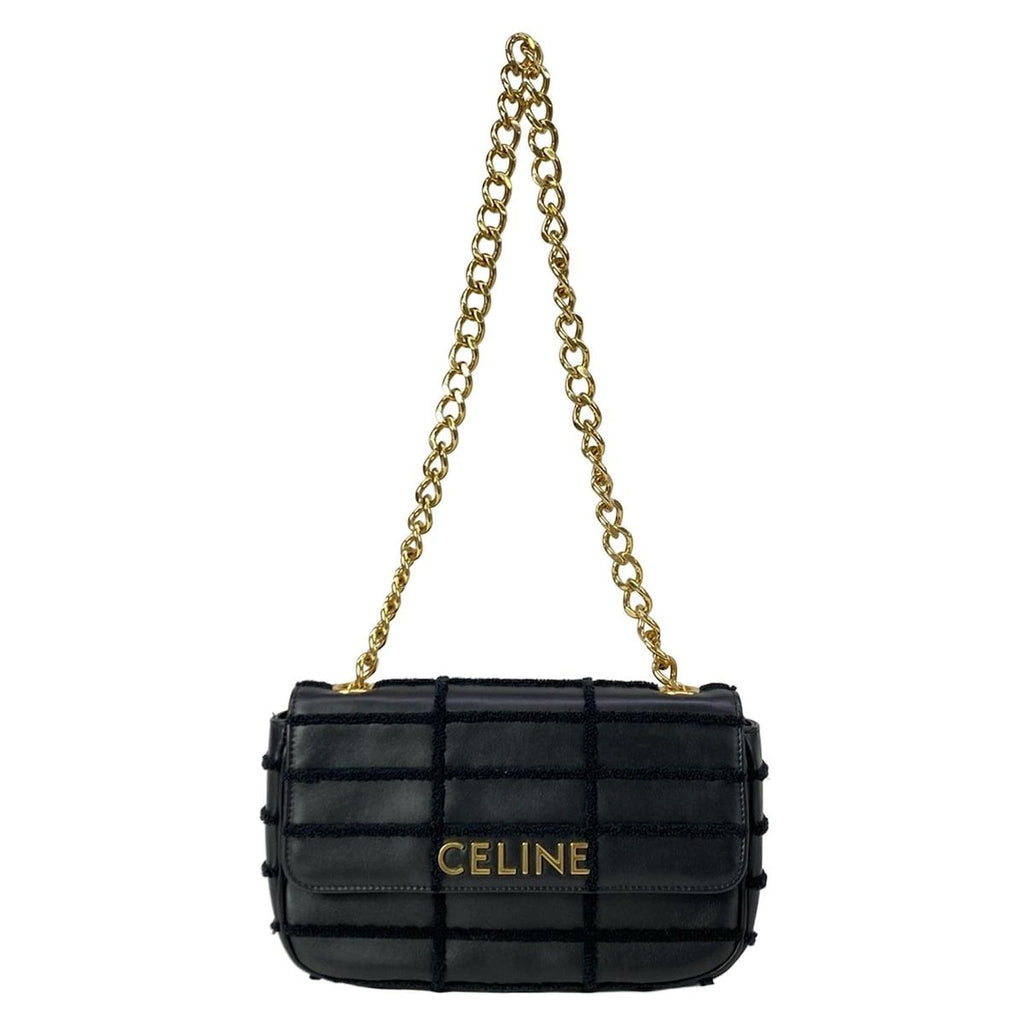 Celine Shoulder Bag Matelasse Monochrome Black Chain Leather