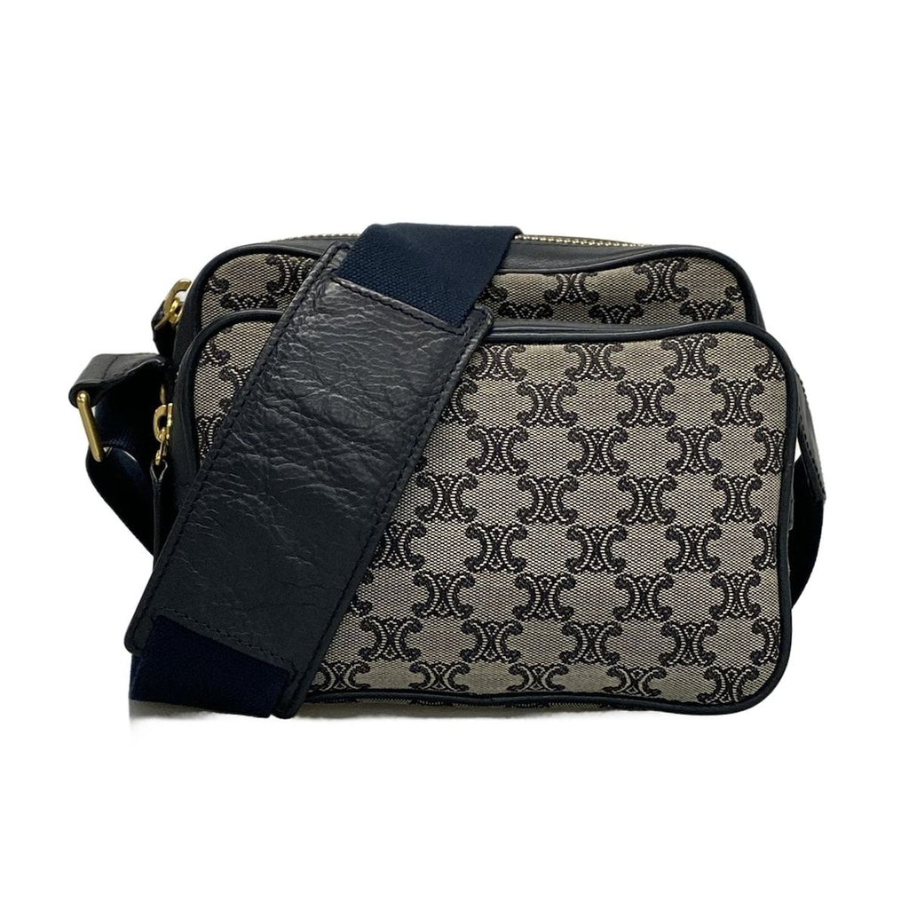 Celine Shoulder Bag Macadam Pattern Light Gray Dark Navy Leather