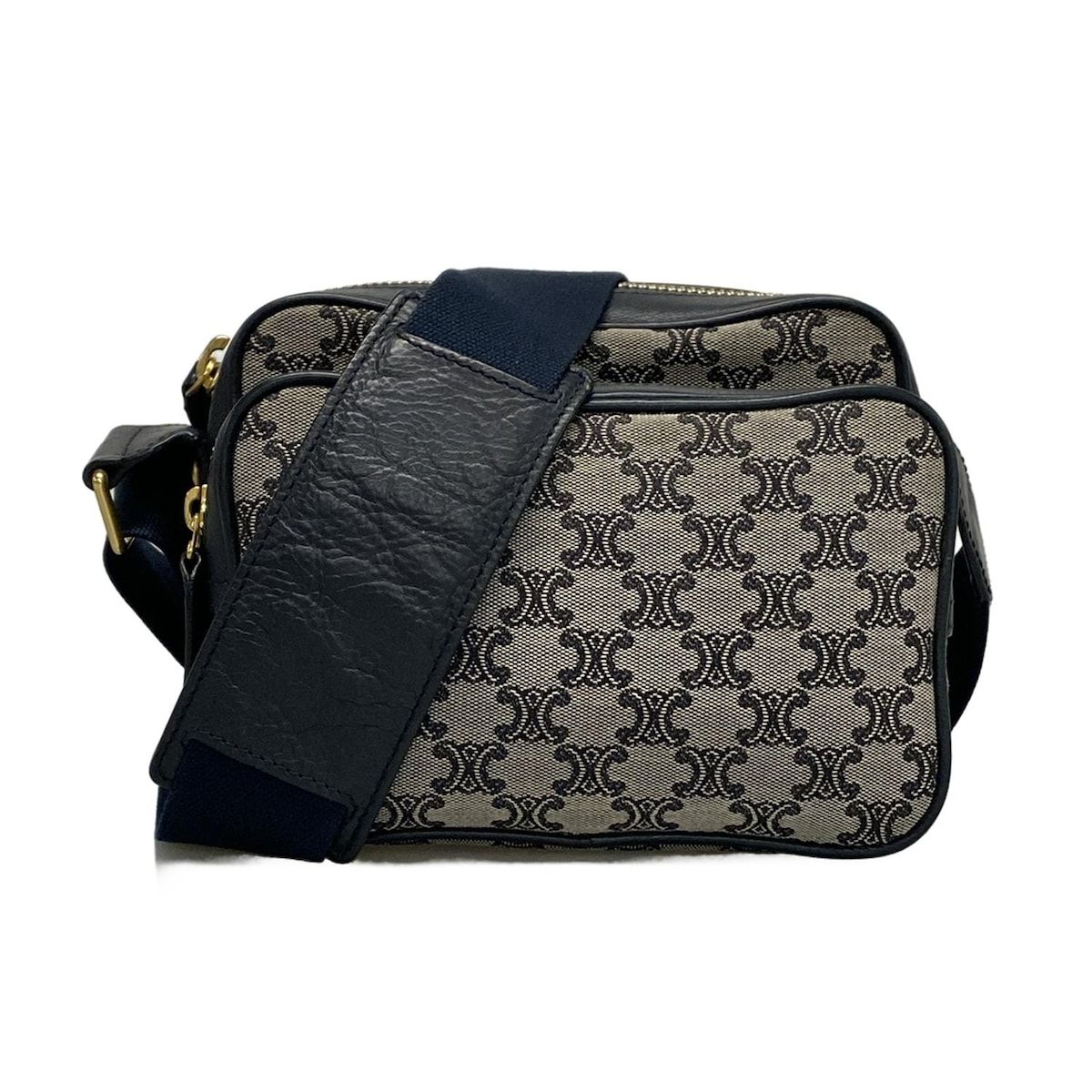 Celine Shoulder Bag Macadam Pattern Light Gray Dark Navy Leather
