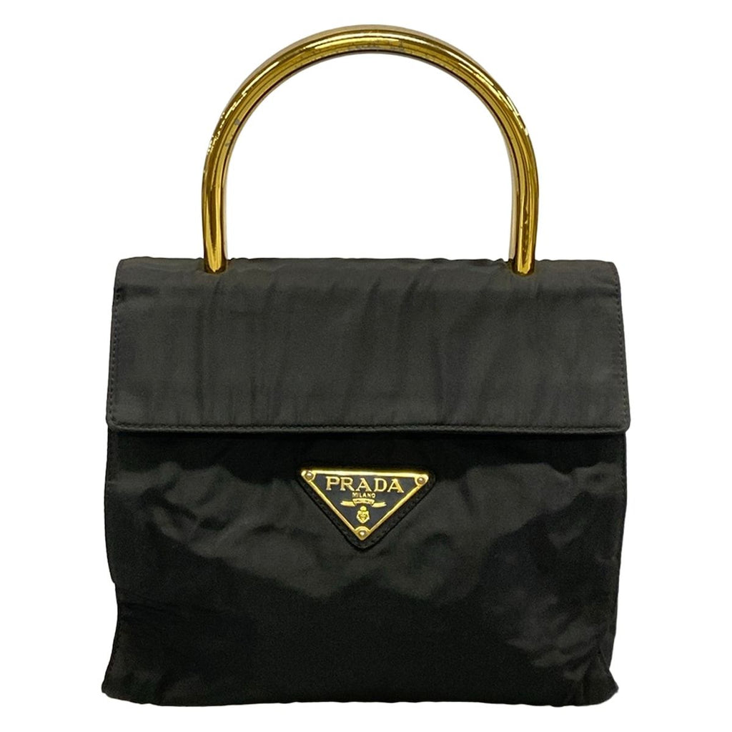 Prada Handbag Black Metal Handle Triangle Logo