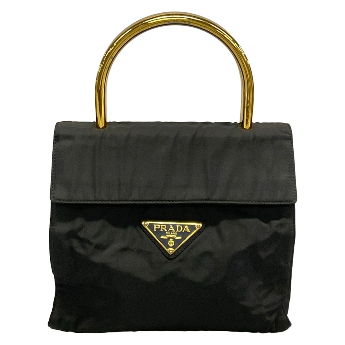 Prada Handbag Black Metal Handle Triangle Logo