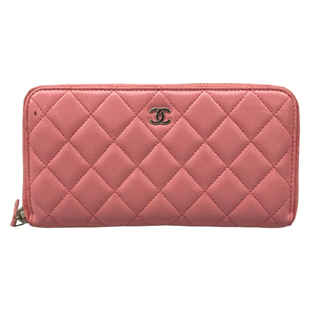 Chanel Wallet Quilted Pink Zip Around CC Logo Silver Lambskin