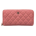 Chanel Wallet Quilted Pink Zip Around CC Logo Silver Lambskin