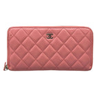 Chanel Wallet Quilted Pink Zip Around CC Logo Silver Lambskin