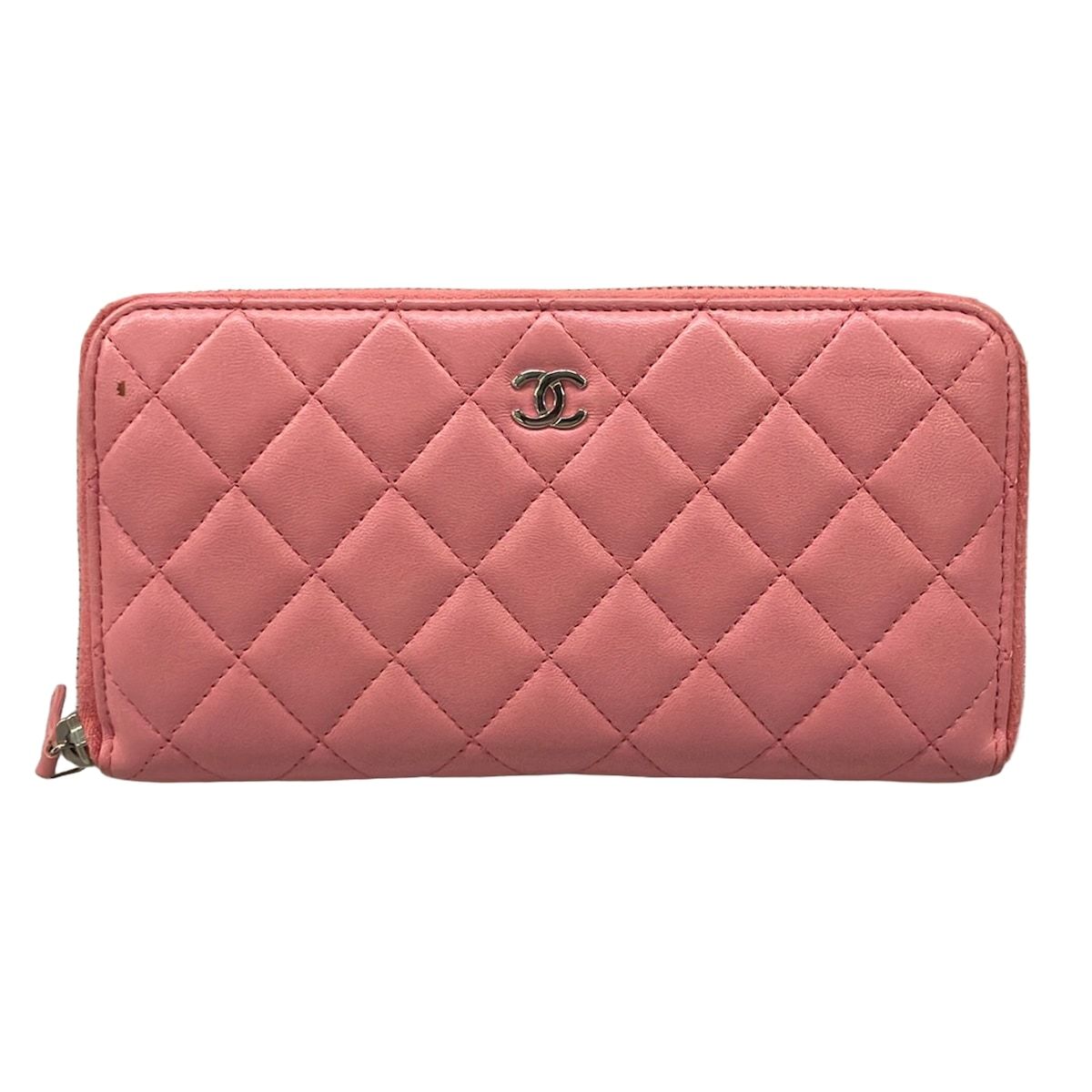 Chanel Wallet Quilted Pink Zip Around CC Logo Silver Lambskin