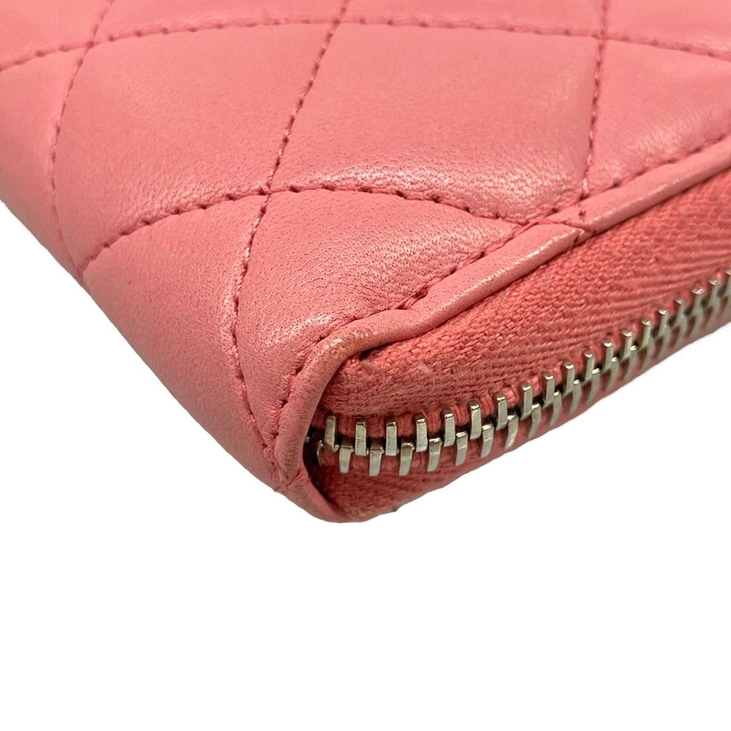 Chanel Wallet Quilted Pink Zip Around CC Logo Silver Lambskin — view 6