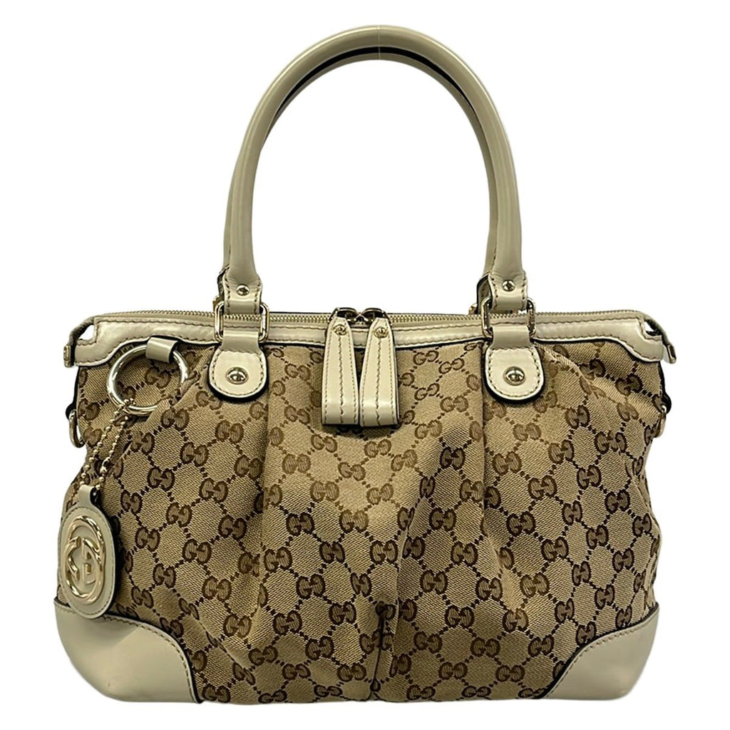 Gucci Handbag Dark Brown Beige Ivory Leather