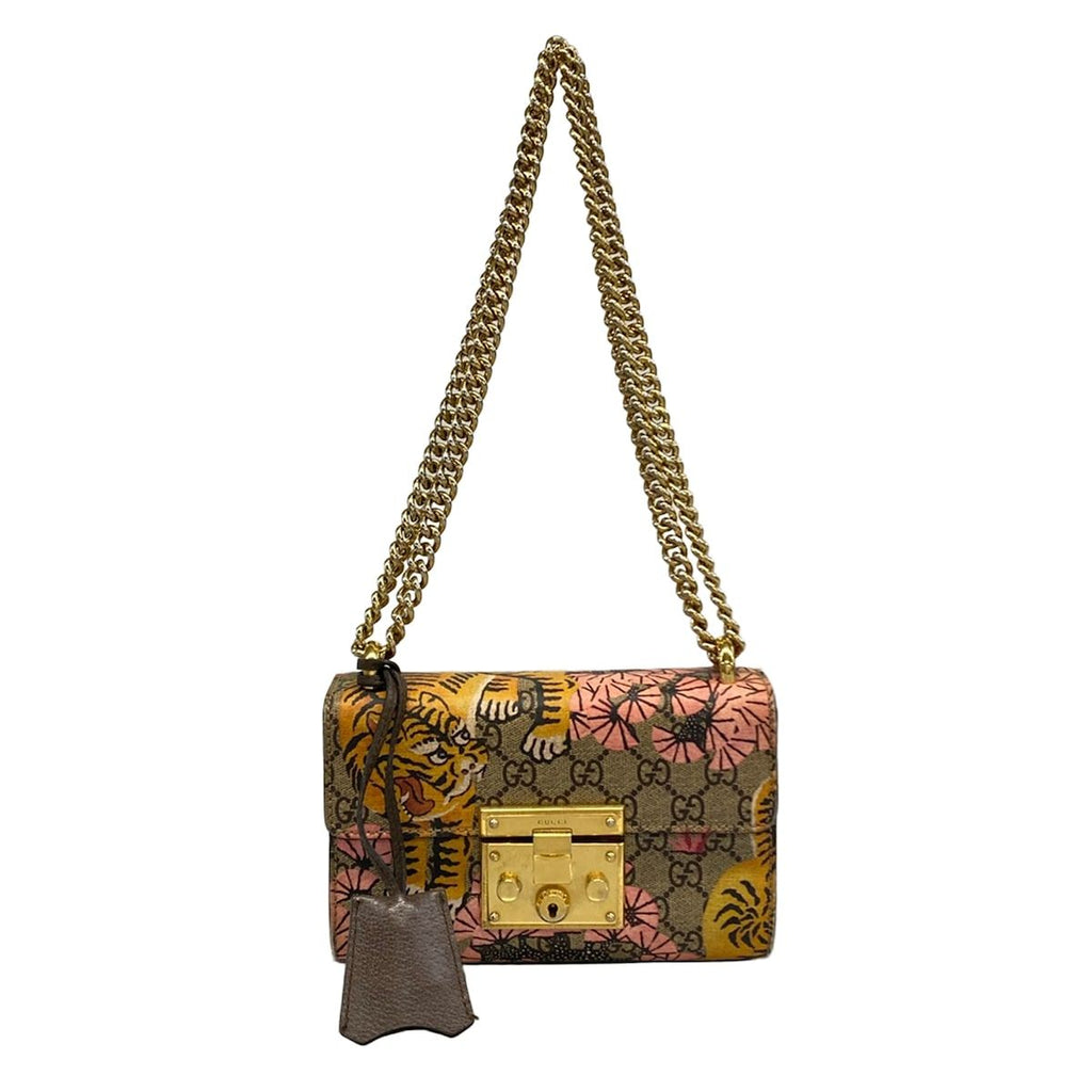 Gucci Shoulder Bag Padlock Small GG Supreme Dark Brown Beige Multi Chain Tiger