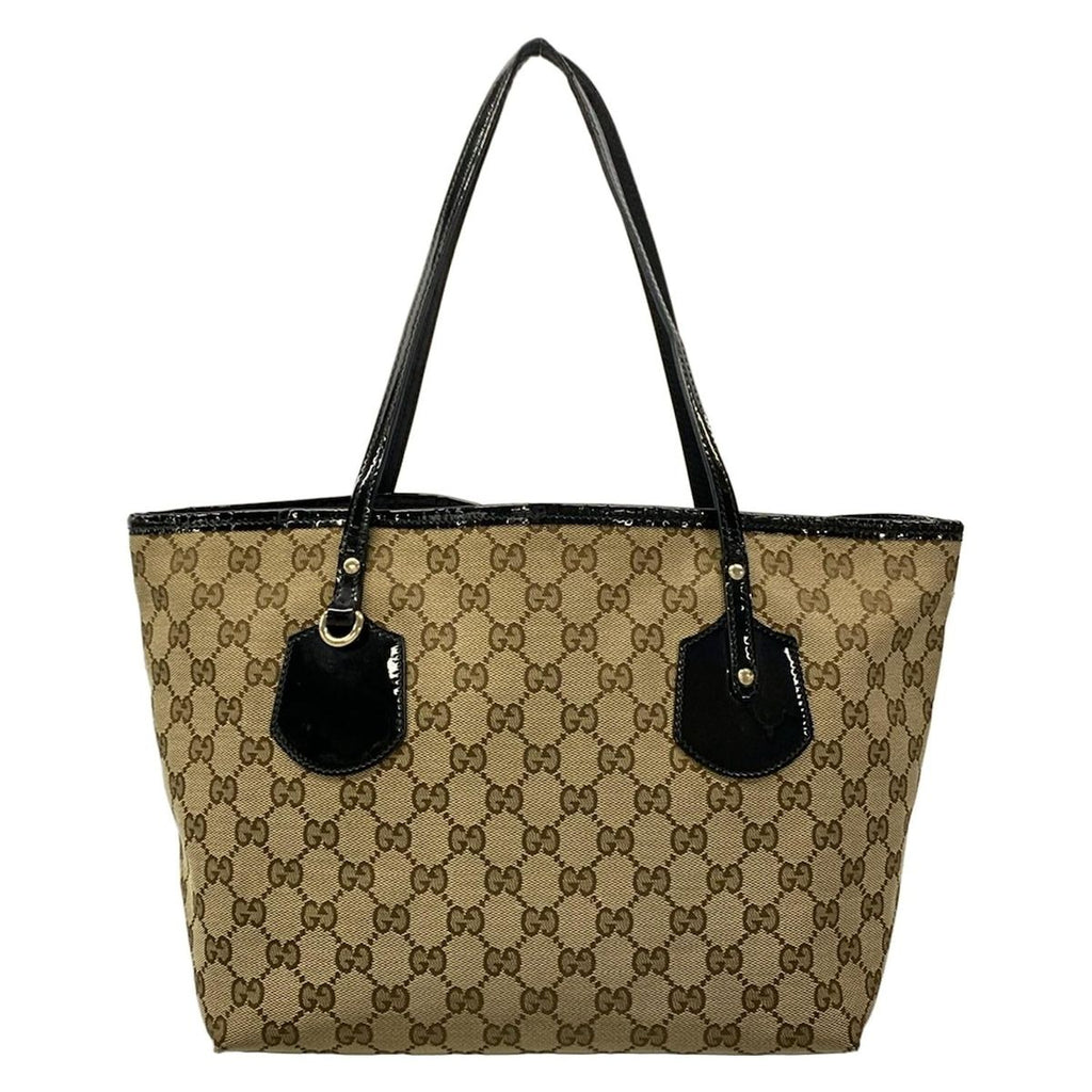 Gucci Tote Bag GG Pattern Dark Brown Beige Black Leather