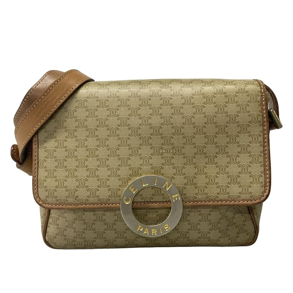 Celine Shoulder Bag Circle Logo Macadam Pattern Khaki Ivory Light Brown Leather