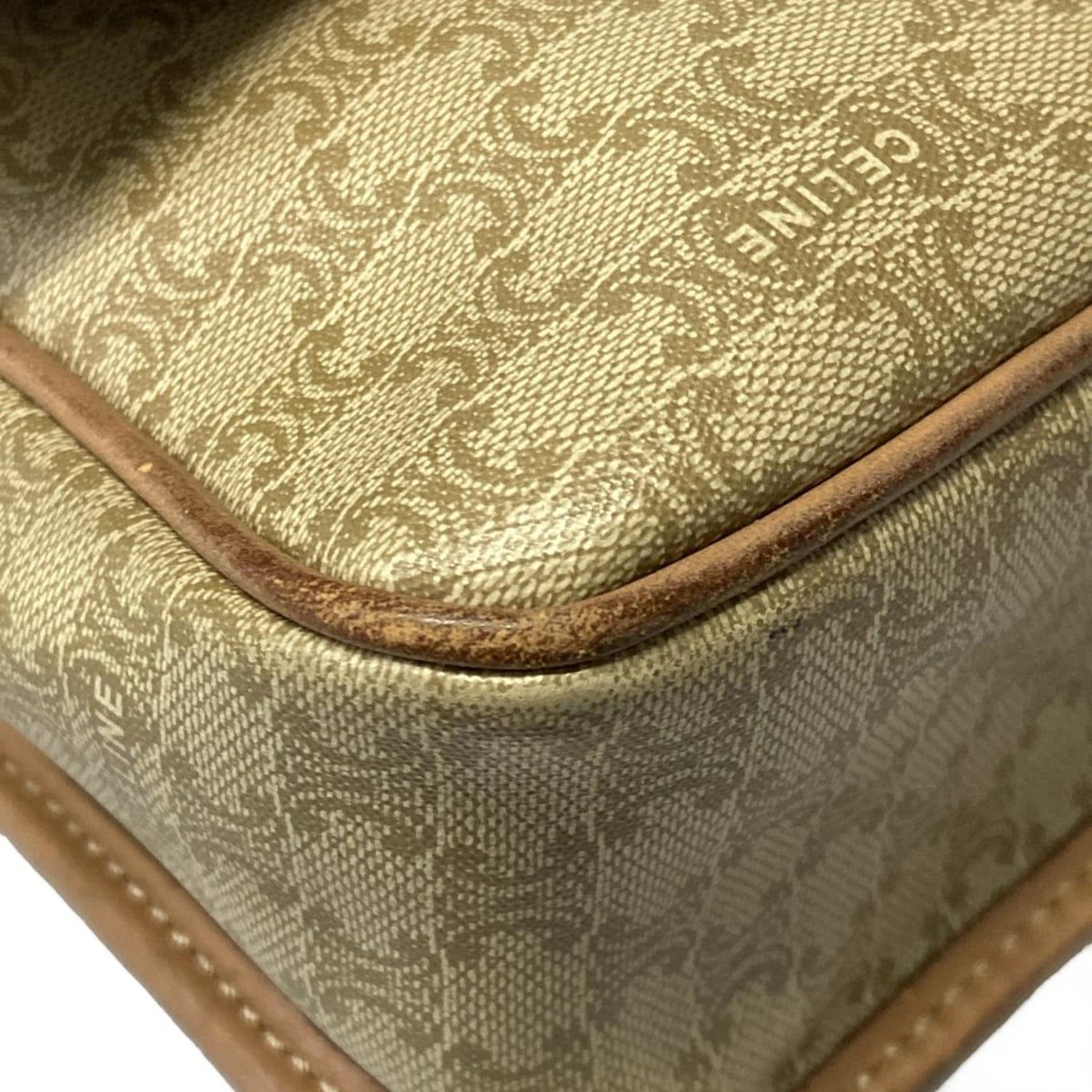 Celine Shoulder Bag Circle Logo Macadam Pattern Khaki Ivory Light Brown Leather — view 6