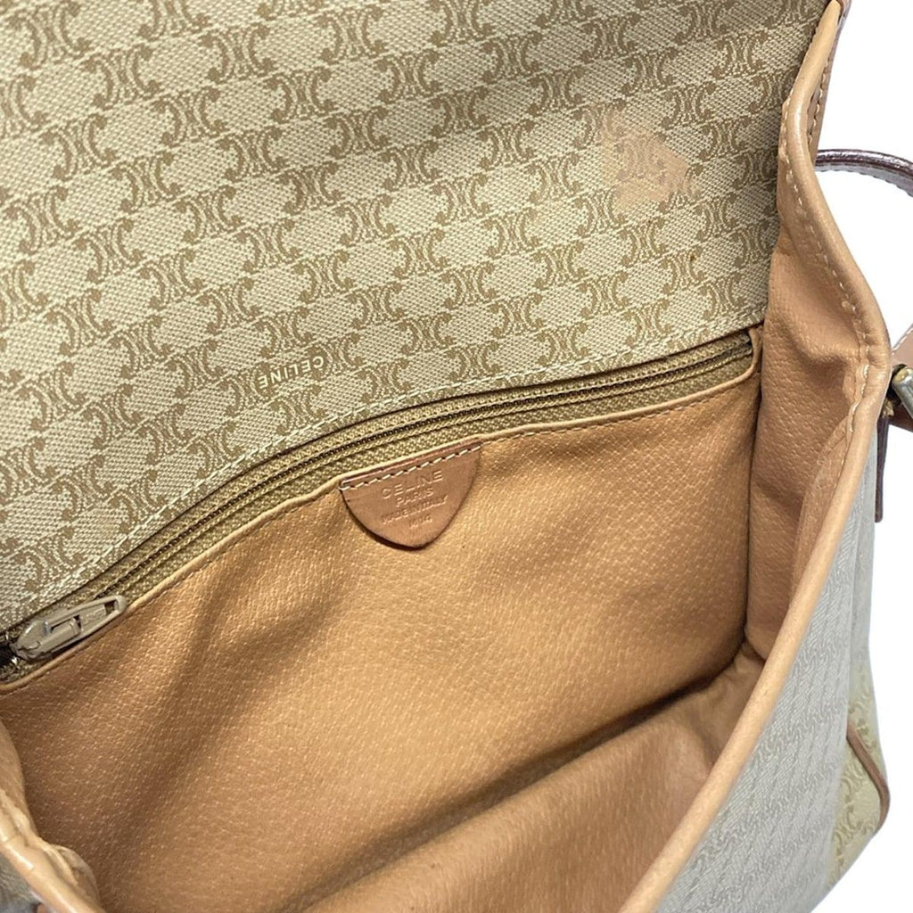 Celine Shoulder Bag Circle Logo Macadam Pattern Khaki Ivory Light Brown Leather — view 7