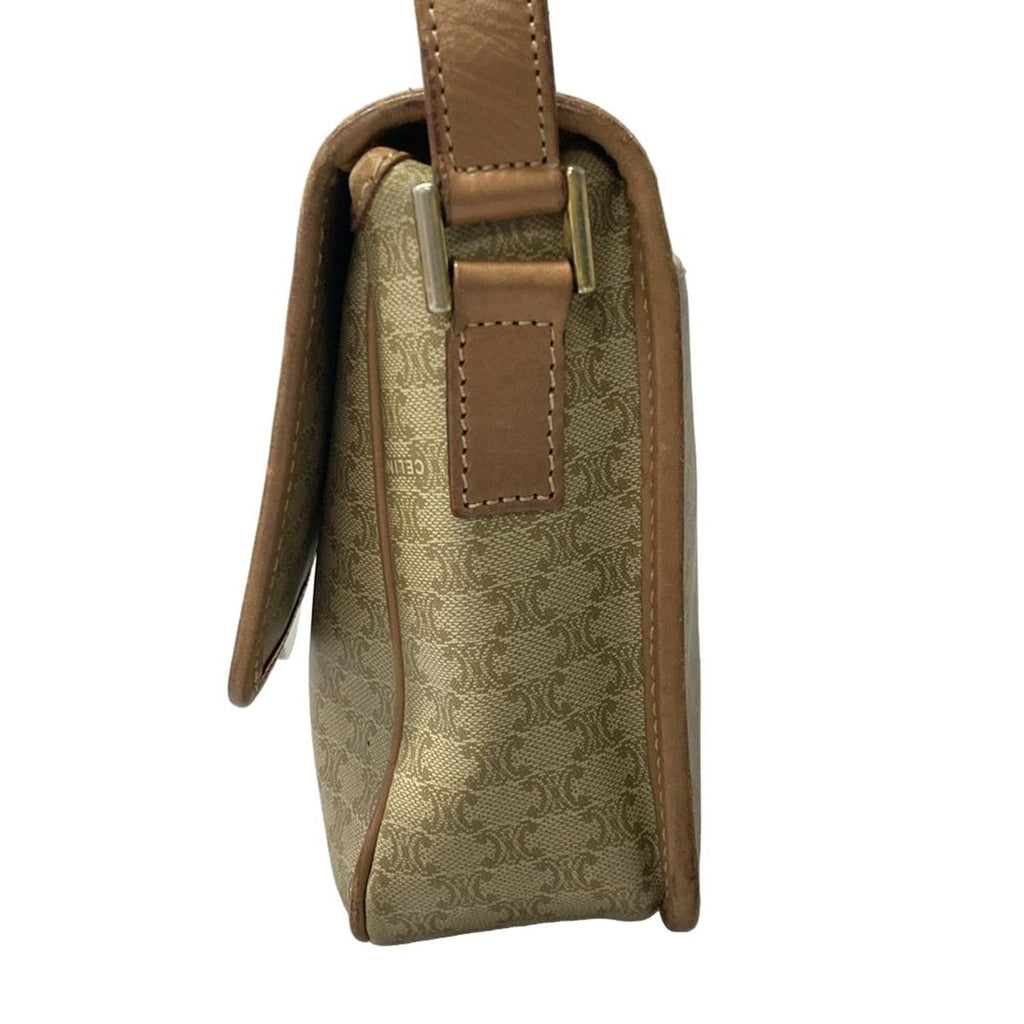 Celine Shoulder Bag Circle Logo Macadam Pattern Khaki Ivory Light Brown Leather — view 4