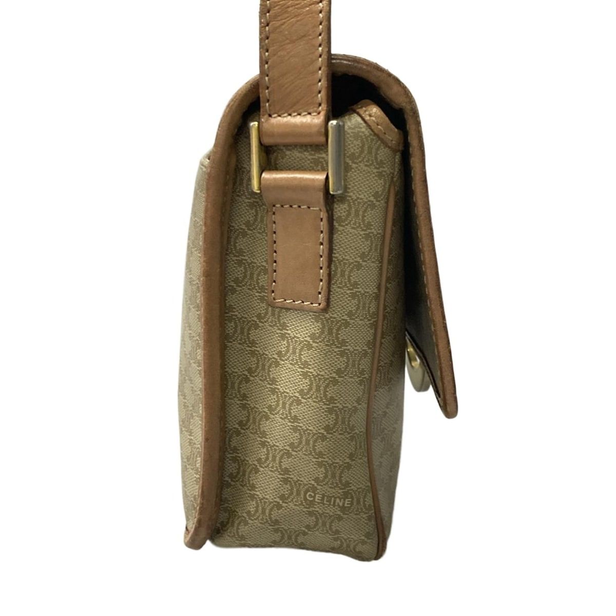 Celine Shoulder Bag Circle Logo Macadam Pattern Khaki Ivory Light Brown Leather — view 2