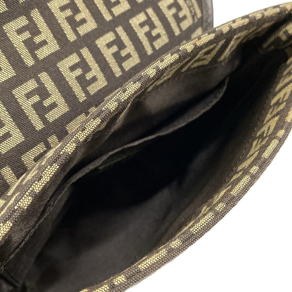 Fendi Shoulder Bag Zucchino Pattern Dark Brown Khaki Leather — view 7