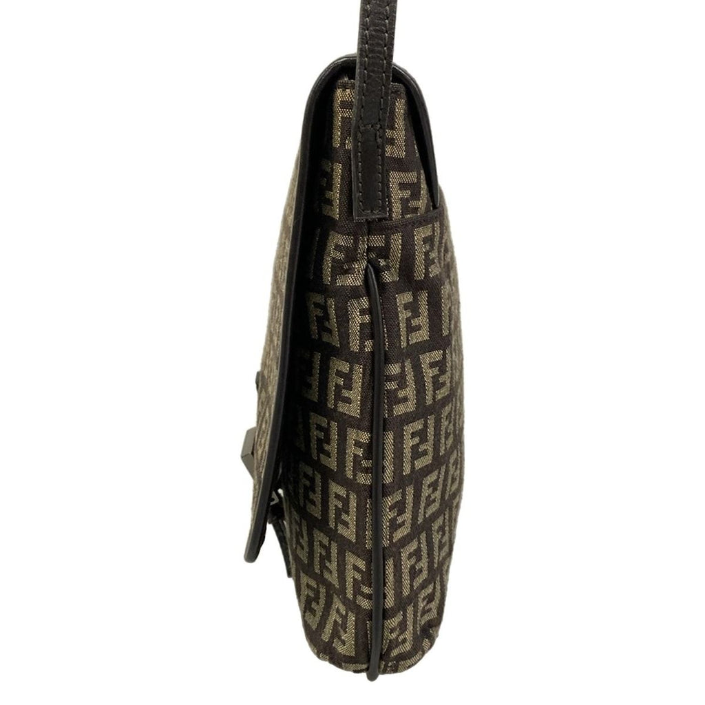Fendi Shoulder Bag Zucchino Pattern Dark Brown Khaki Leather — view 4