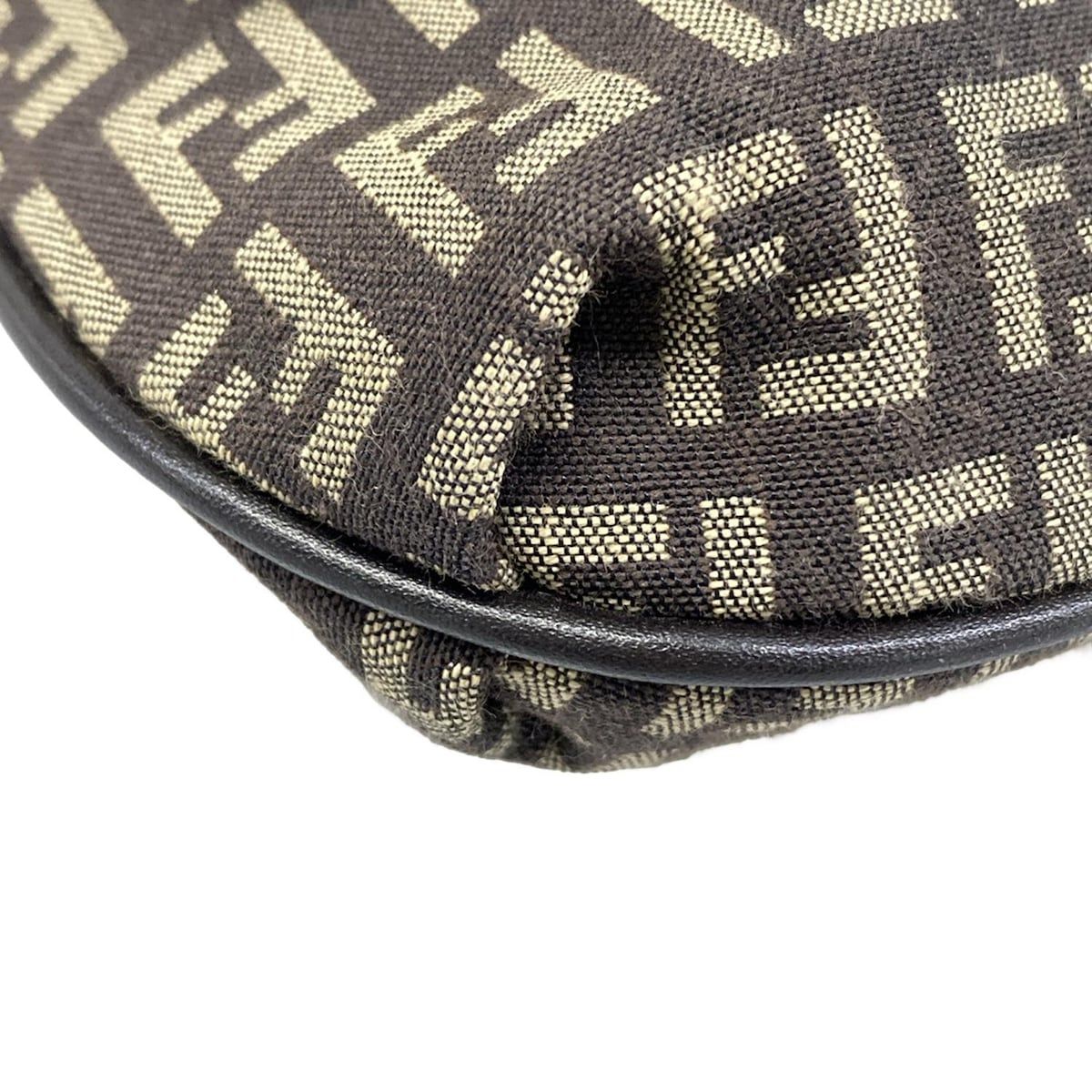 Fendi Shoulder Bag Zucchino Pattern Dark Brown Khaki Leather — view 6