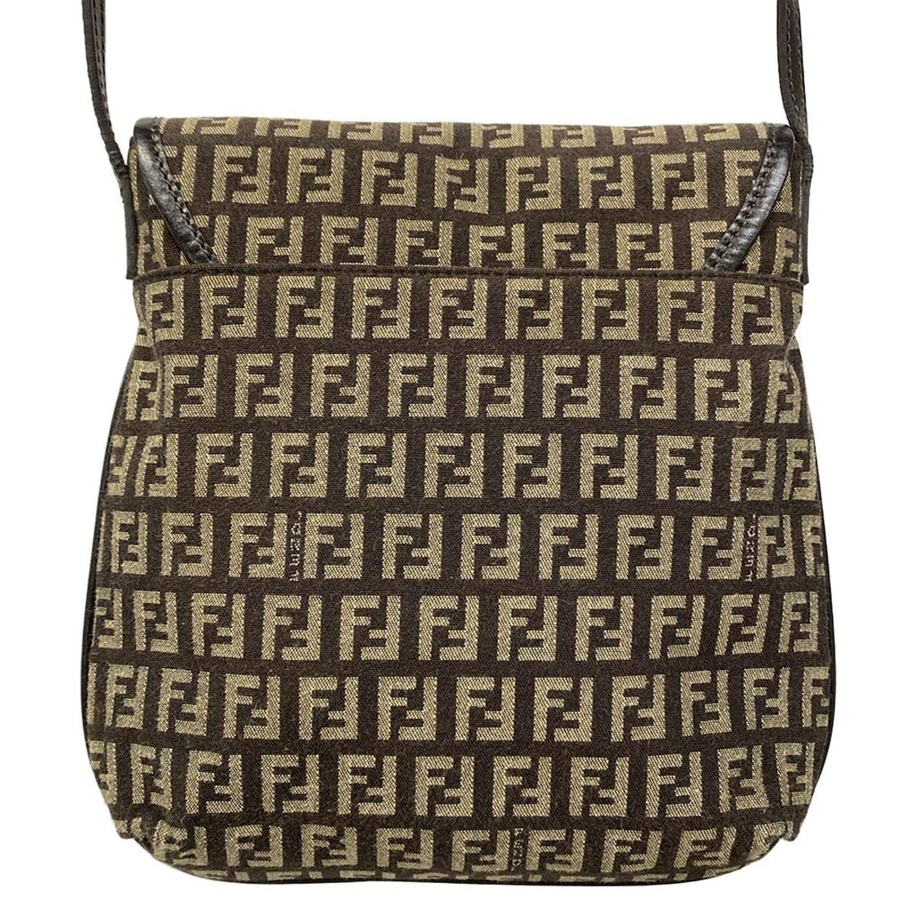 Fendi Shoulder Bag Zucchino Pattern Dark Brown Khaki Leather — view 3