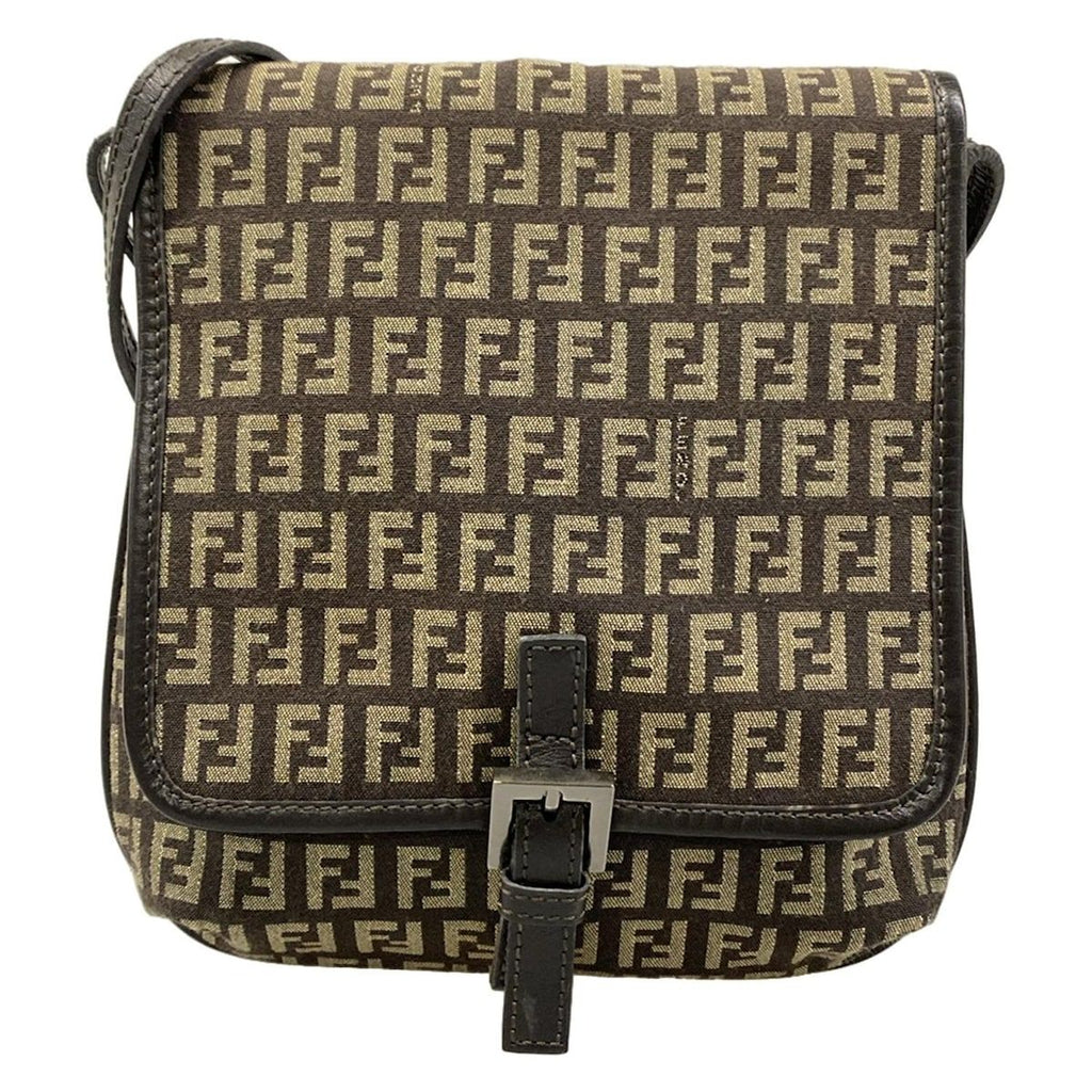 Fendi Shoulder Bag Zucchino Pattern Dark Brown Khaki Leather