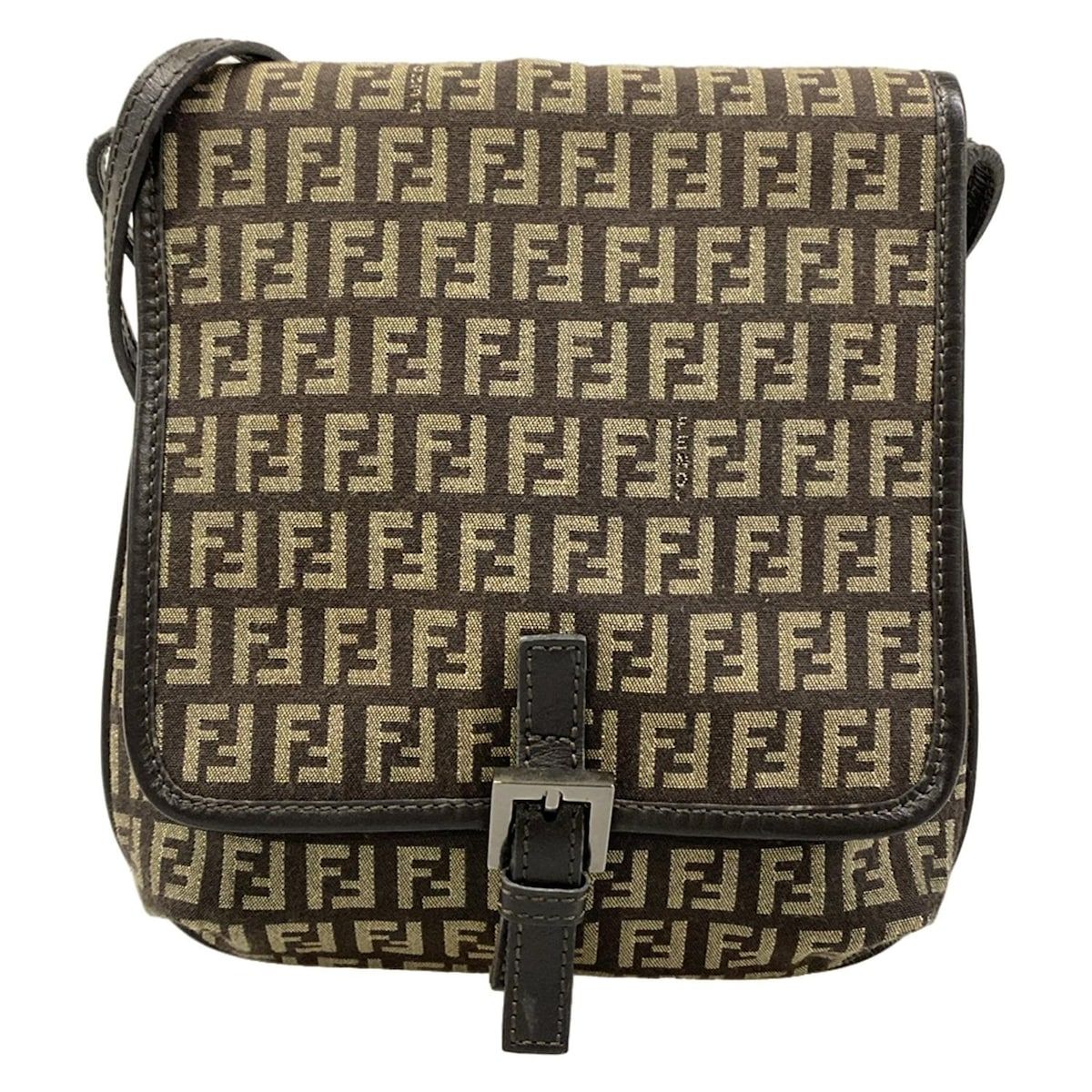 Fendi Shoulder Bag Zucchino Pattern Dark Brown Khaki Leather