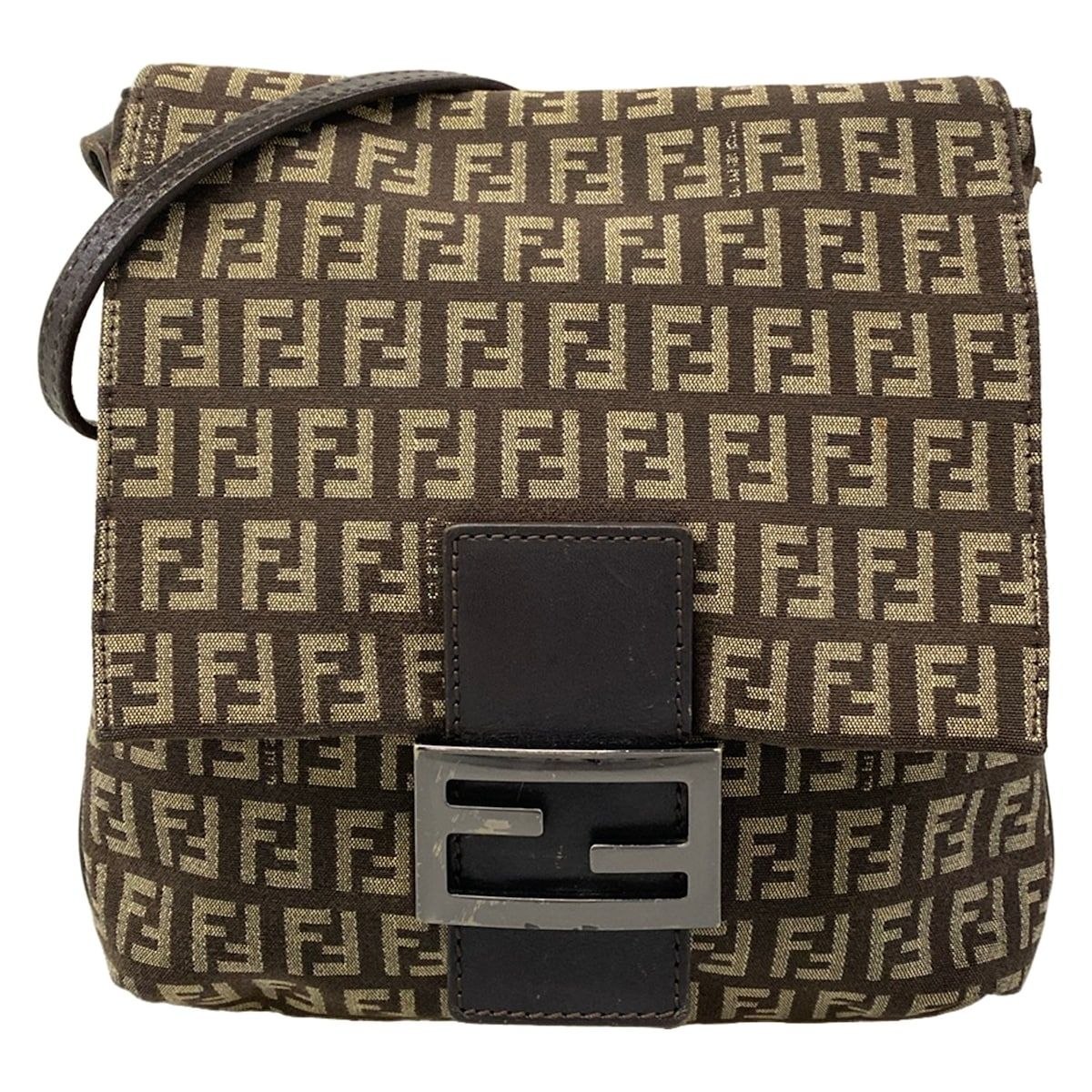 Fendi Shoulder Bag Zucchino Kamse Pochette Dark Brown Beige Leather