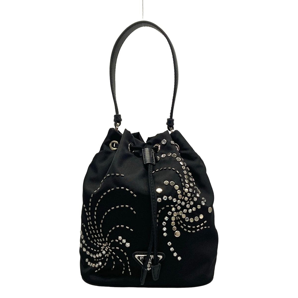Prada Handbag Black Drawstring Rhinestone Beads Studs Re-Nylon Leather