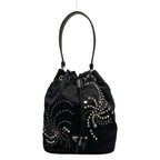 Prada Handbag Black Drawstring Rhinestone Beads Studs Re-Nylon Leather