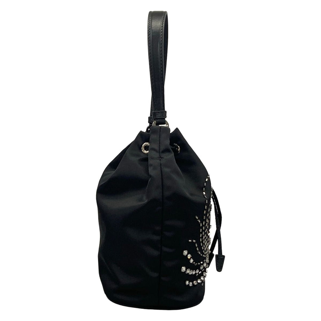 Prada Handbag Black Drawstring Rhinestone Beads Studs Re-Nylon Leather — view 2