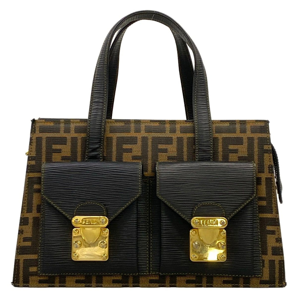 Fendi Handbag Zucca Pattern Black Brown Leather