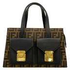 Fendi Handbag Zucca Pattern Black Brown Leather