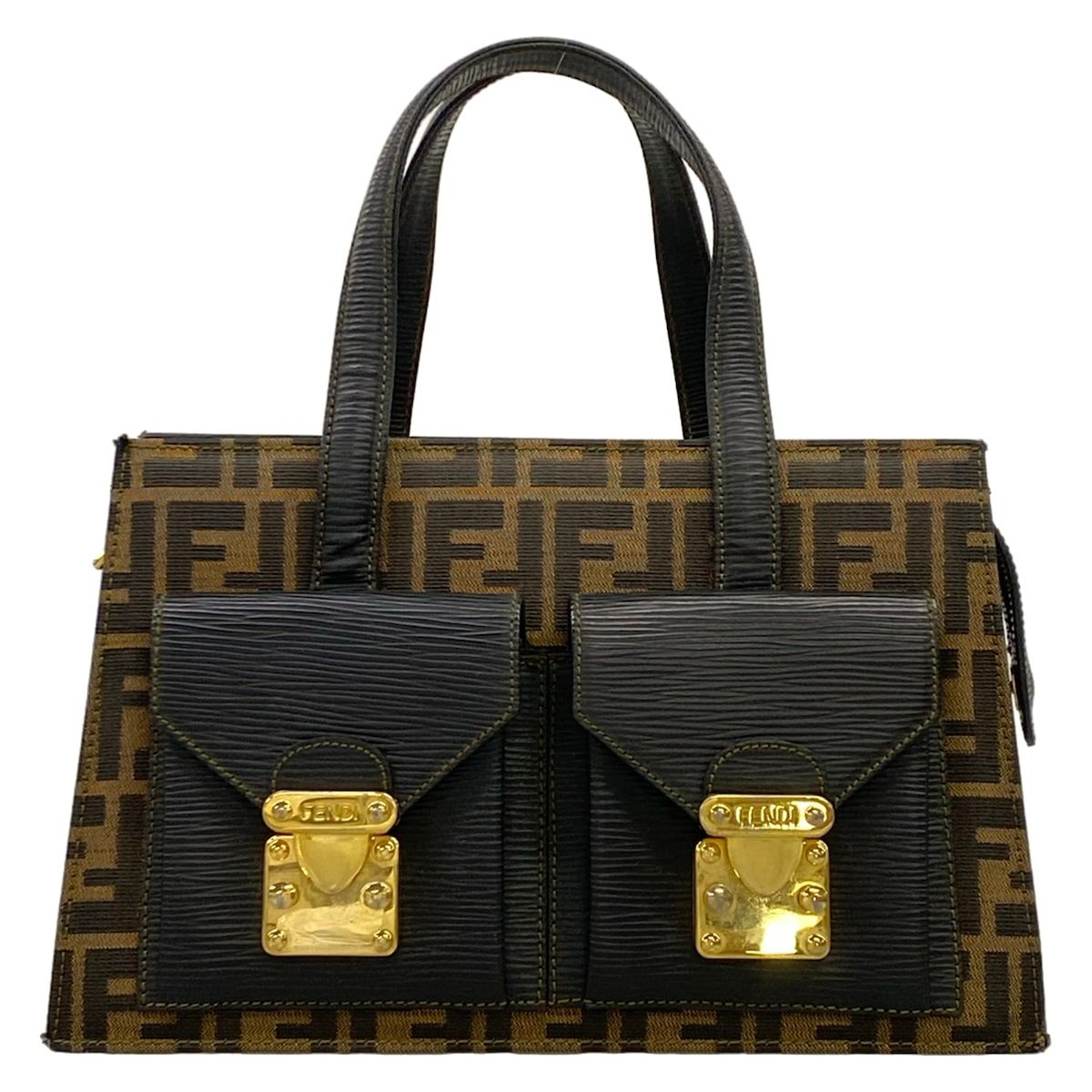 Fendi Handbag Zucca Pattern Black Brown Leather