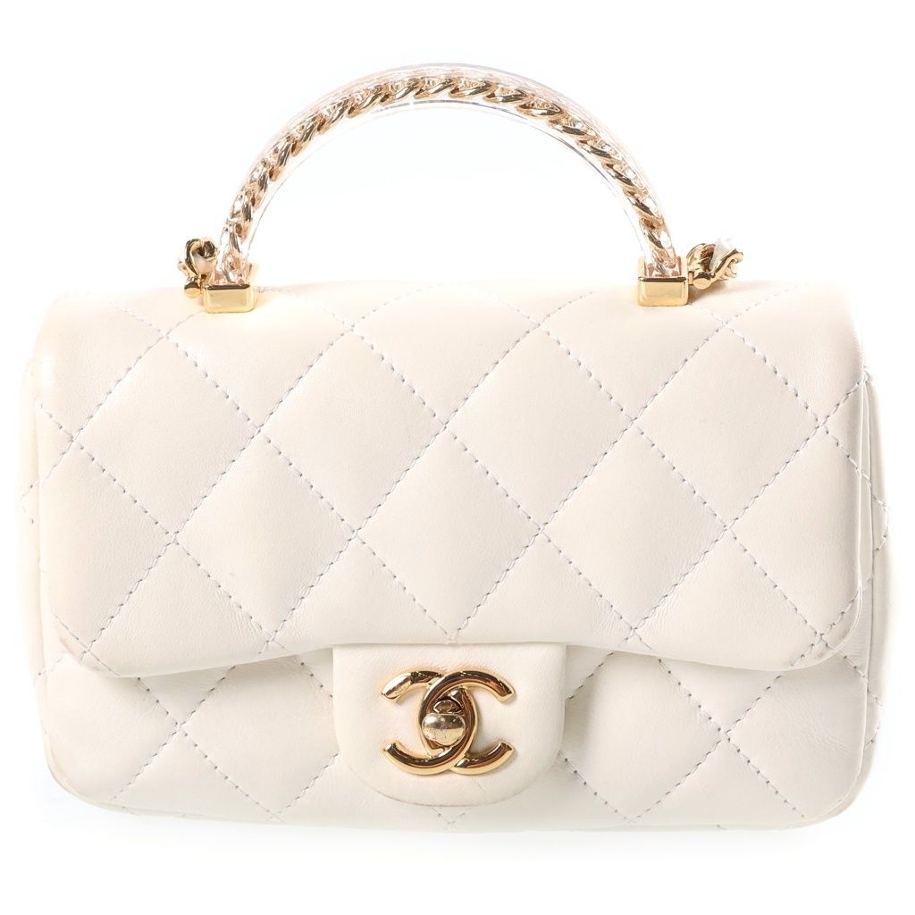 Chanel Quilted Clear Handle Chain 2-Way Mini Shoulder Bag White Lambskin Gold
