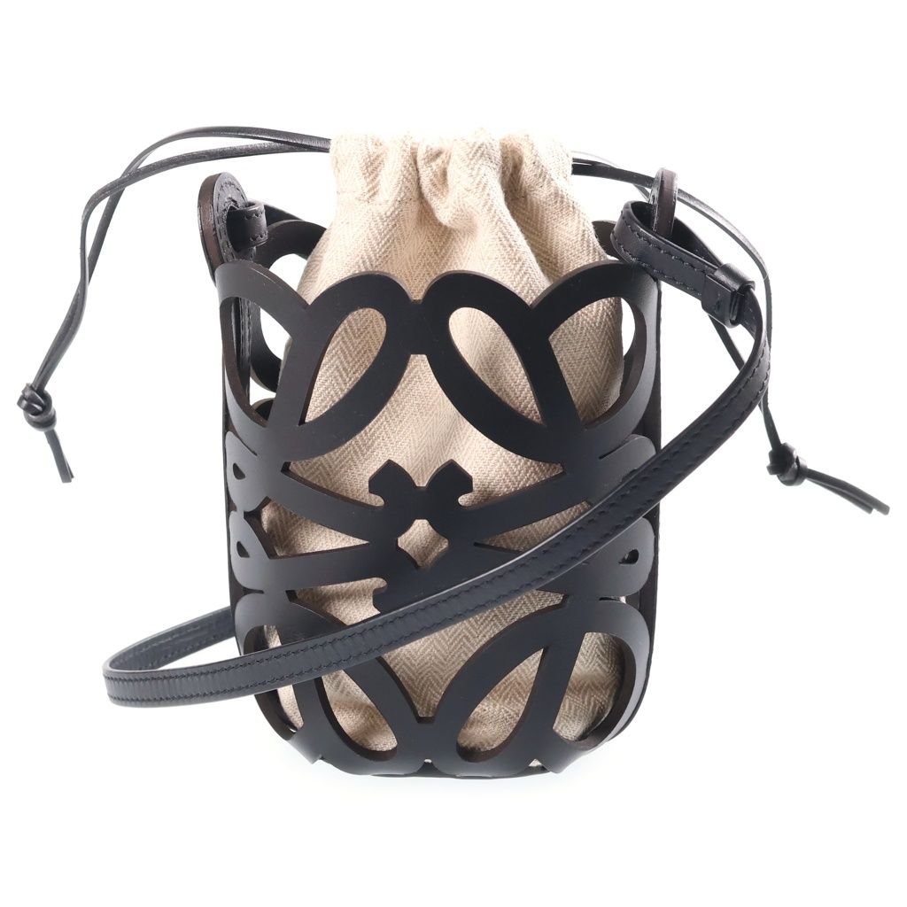 Loewe Anagram Cutout Pocket Shoulder Bag Black Beige Canvas Leather — view 2