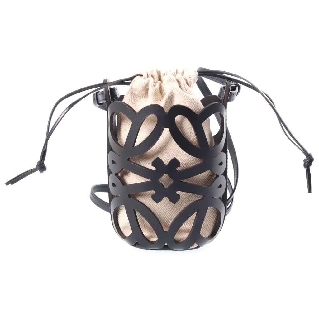 Loewe Anagram Cutout Pocket Shoulder Bag Black Beige Canvas Leather