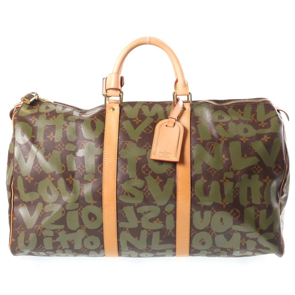 Louis Vuitton Monogram Graffiti Keepall 50 Boston Bag Khaki Brown Leather Gold