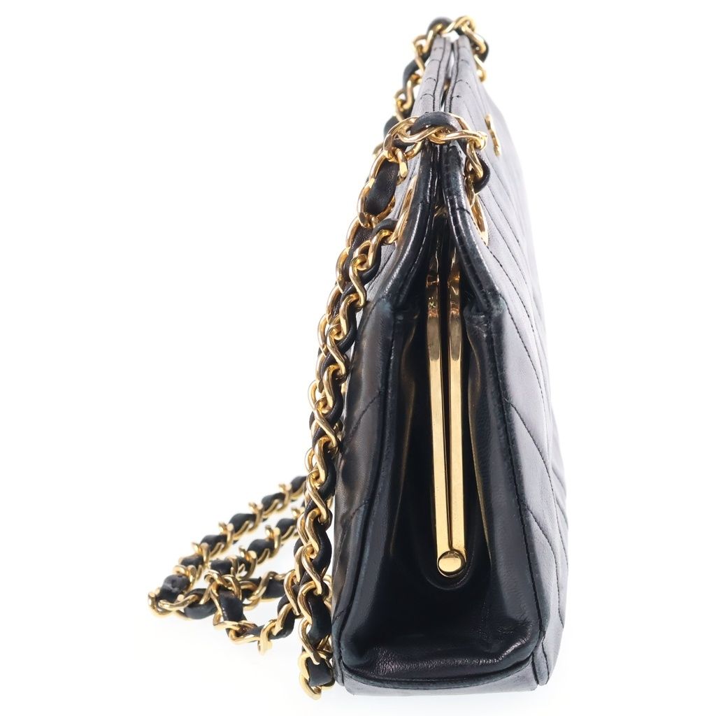 Chanel CC Logo Chevron V-stitch Chain Shoulder Bag Black Lambskin Gold — view 3