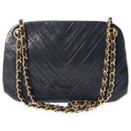 Chanel CC Logo Chevron V-stitch Chain Shoulder Bag Black Lambskin Gold — view 2