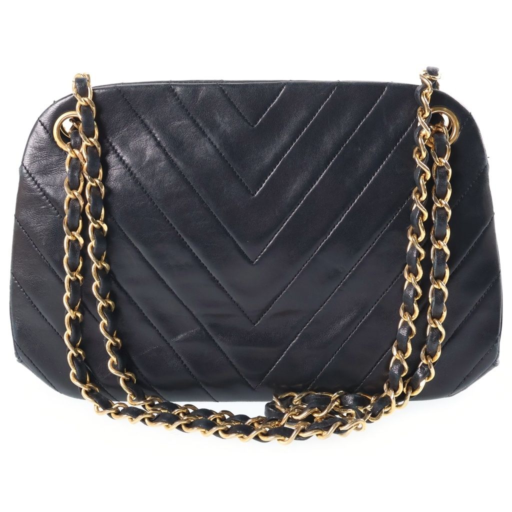 Chanel CC Logo Chevron V-stitch Chain Shoulder Bag Black Lambskin Gold — view 2