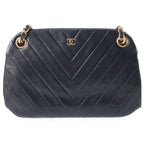 Chanel CC Logo Chevron V-stitch Chain Shoulder Bag Black Lambskin Gold