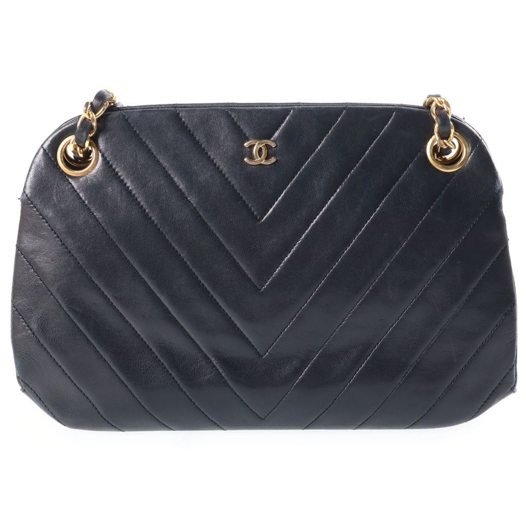 Chanel CC Logo Chevron V-stitch Chain Shoulder Bag Black Lambskin Gold