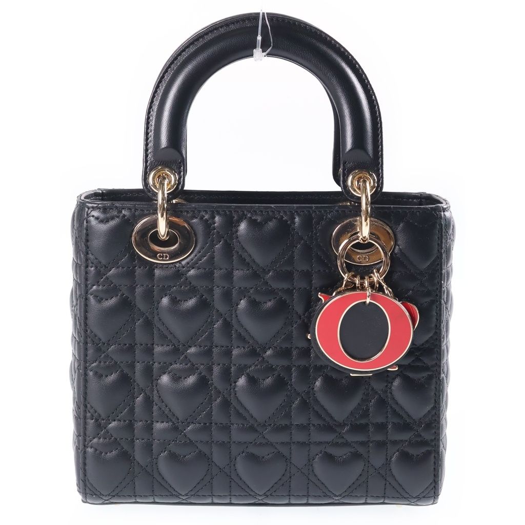 Dior Lady Dior Heart Cannage 2-Way Shoulder Bag Black Leather Gold