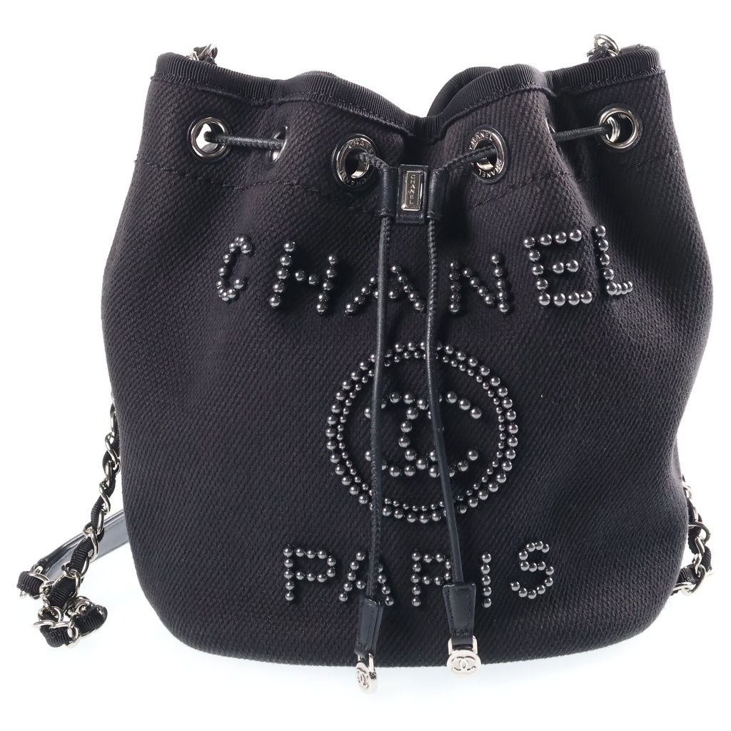 Chanel Deauville Drawstring Shoulder Bag Canvas Black