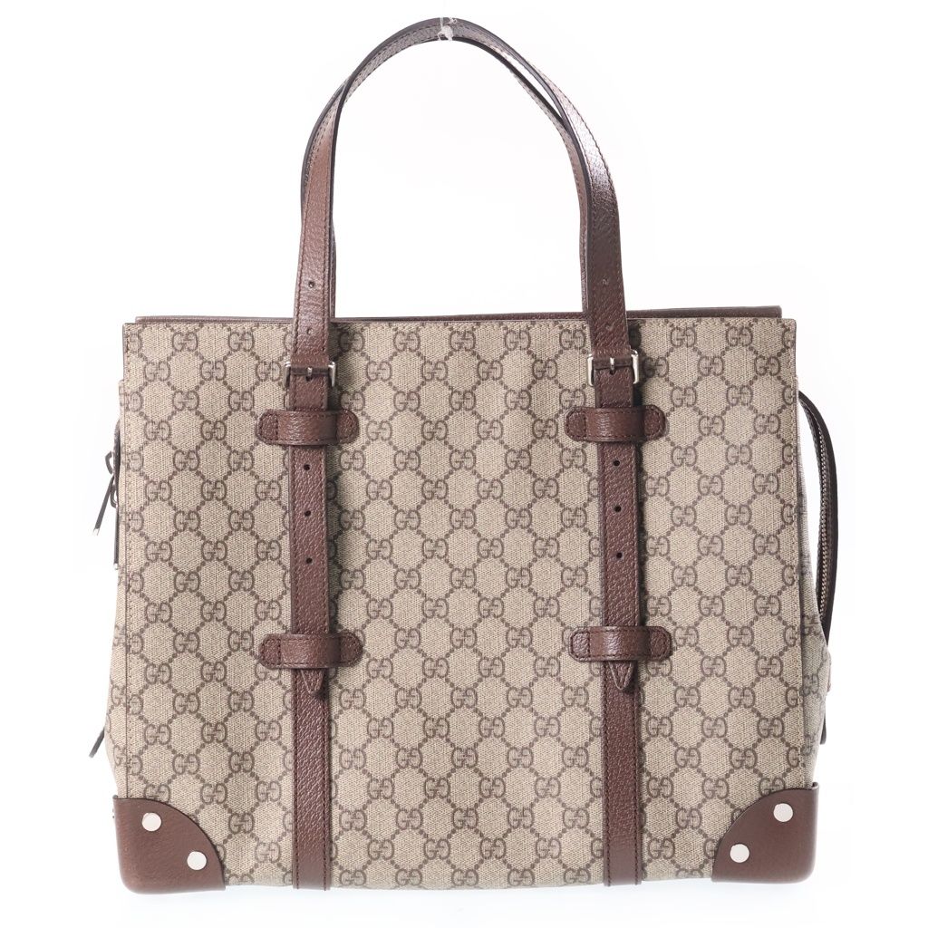Gucci GG Supreme Tote Bag Brown Beige Leather Silver