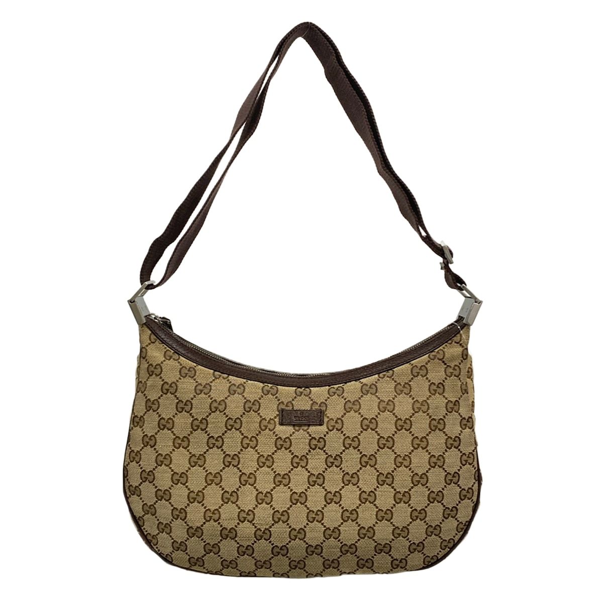 Gucci Shoulder Bag GG Pattern Beige Dark Brown Leather