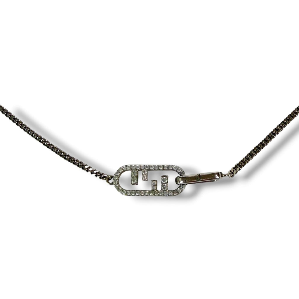 Fendi Wnecklace Olock Metal O'lock Rhinestone Necklace Silver Colored