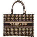 Dior Book Tote Bag Medium Houndstooth Pattern Canvas Beige Black