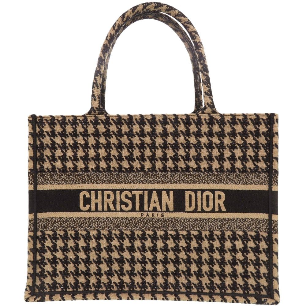 Dior Book Tote Bag Medium Houndstooth Pattern Canvas Beige Black