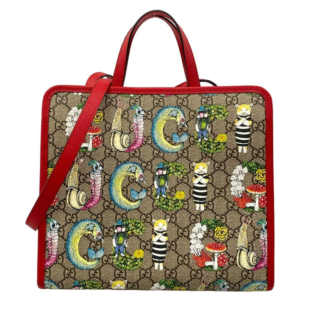 Gucci Tote Bag Children's Yuko Higuchi GG Supreme Beige Red Multi Leather
